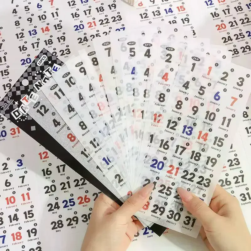 12 Sheets Waterproof Die-Cut Decals 365 Days Date Label PET Stickers For Planner Journal Scrapbook DIY Hand Account Decoration