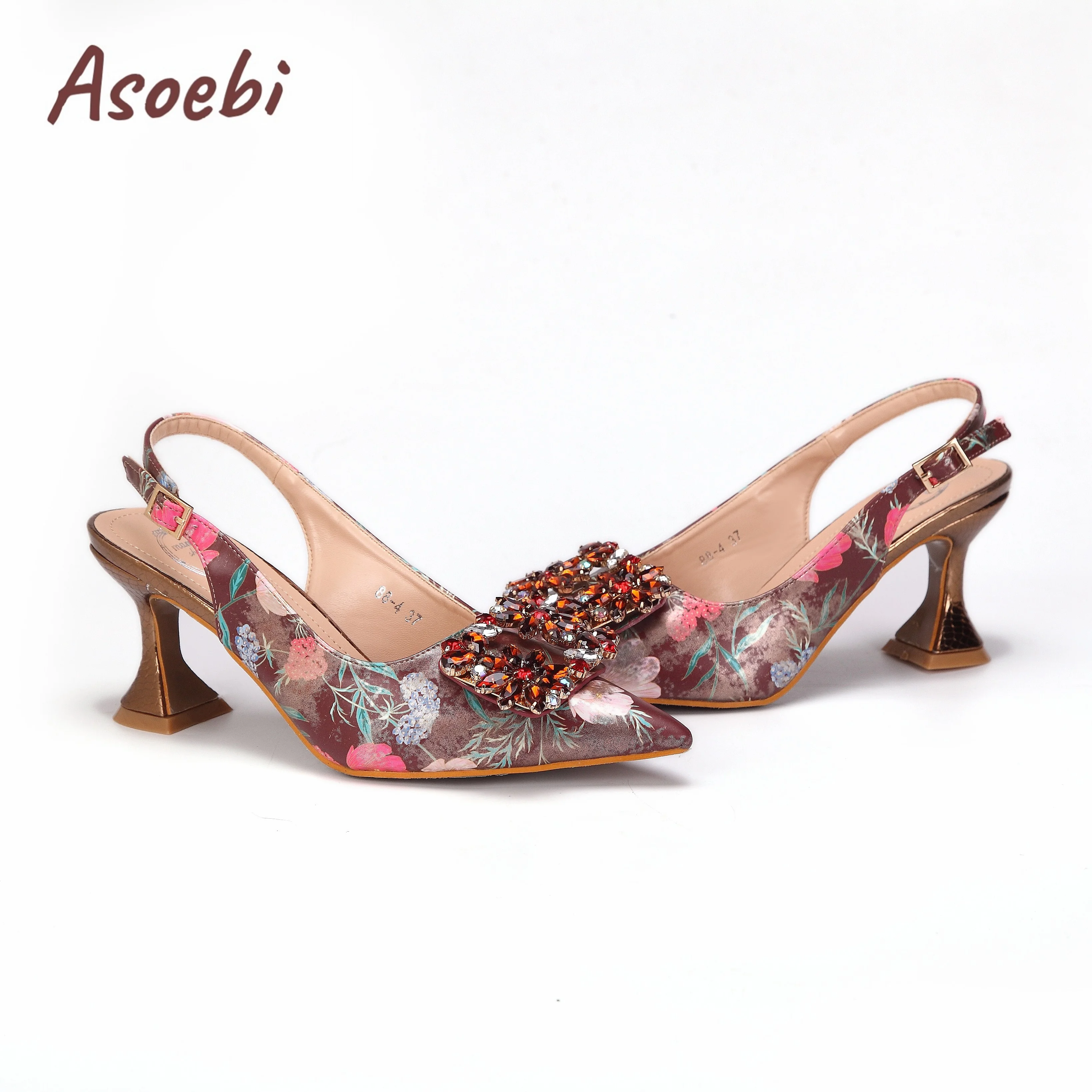 Women High Heels Sandals Printing Flower Material with Rhinestone Italian Design Coffee Color Pointed Toe Shoes and Bags Set