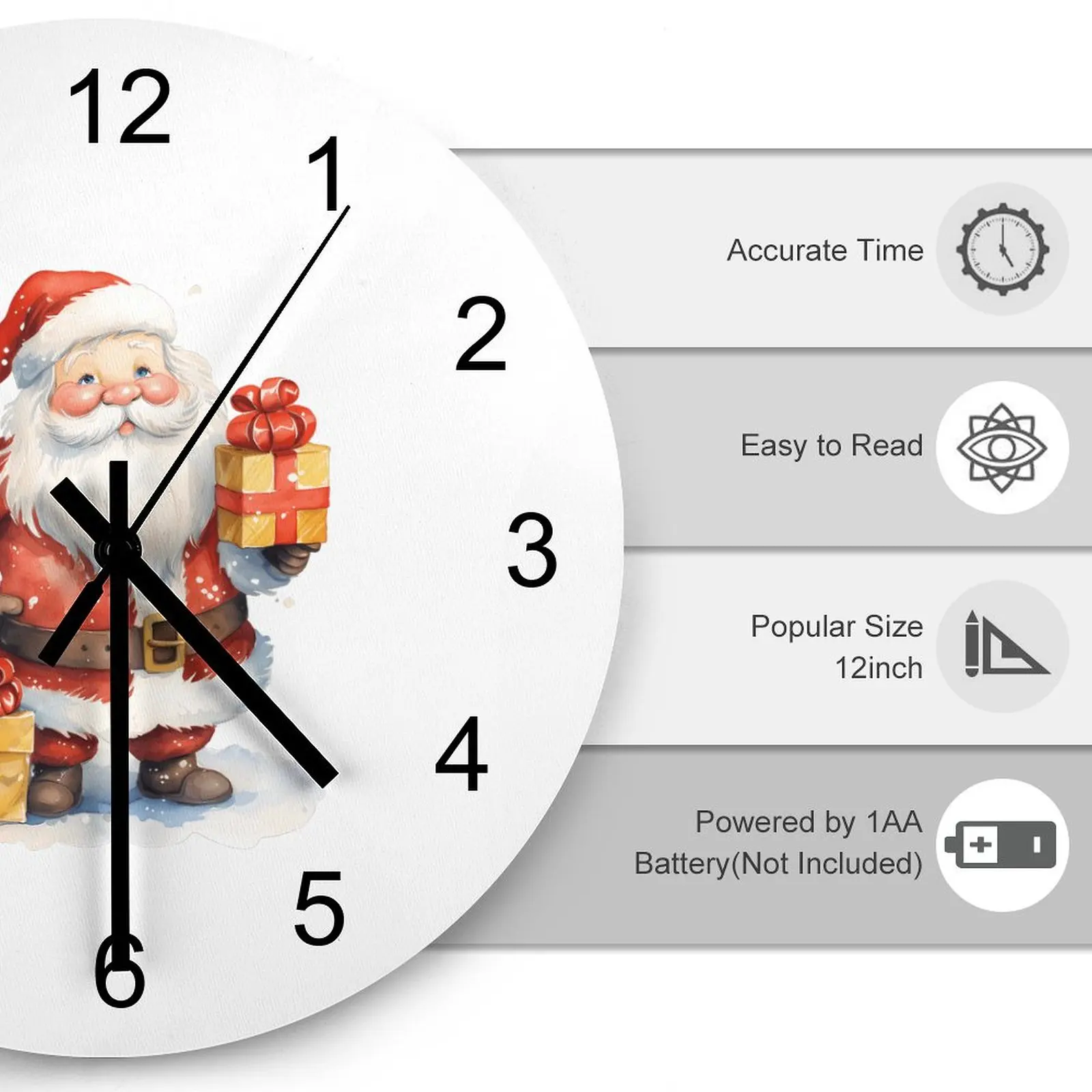 Indoor Wall Clock Santa Claus Clocks 12 inch Mute Fashion Round 3D Display Slim Profile Retro