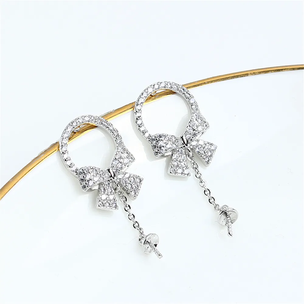 S925 Silver Needle Made in China, 14k Gold Wrapped, Exquisite Bow Knot Style, Pearl Zircon DIY Empty Ear Studs, Female