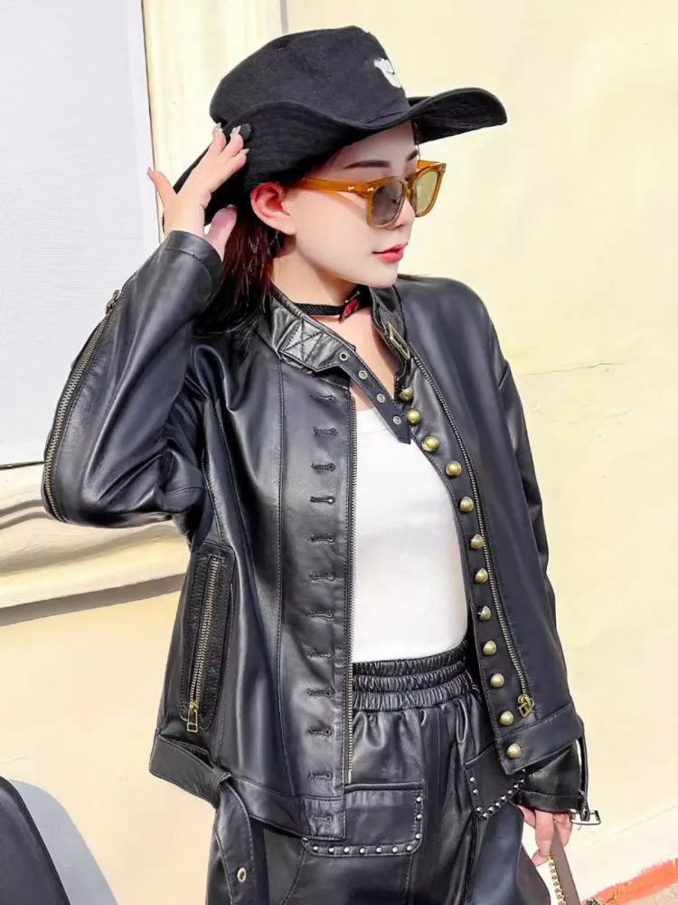 Fashion Women Single Breasted Sheepskin Genuine Leather Jacket Stand Collar Zipper Motorcycle Biker Coat Spring Autumn Jackets