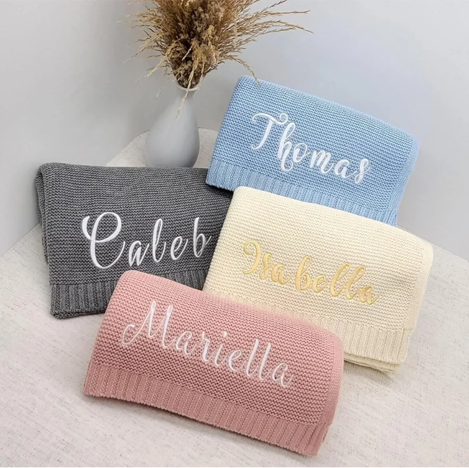 Baby Blanket,Personalized Embroidered Name,Stroller Blanket,Newborn Baby Gift ,Soft Breathable Cotton Knit, Baby Shower Gift