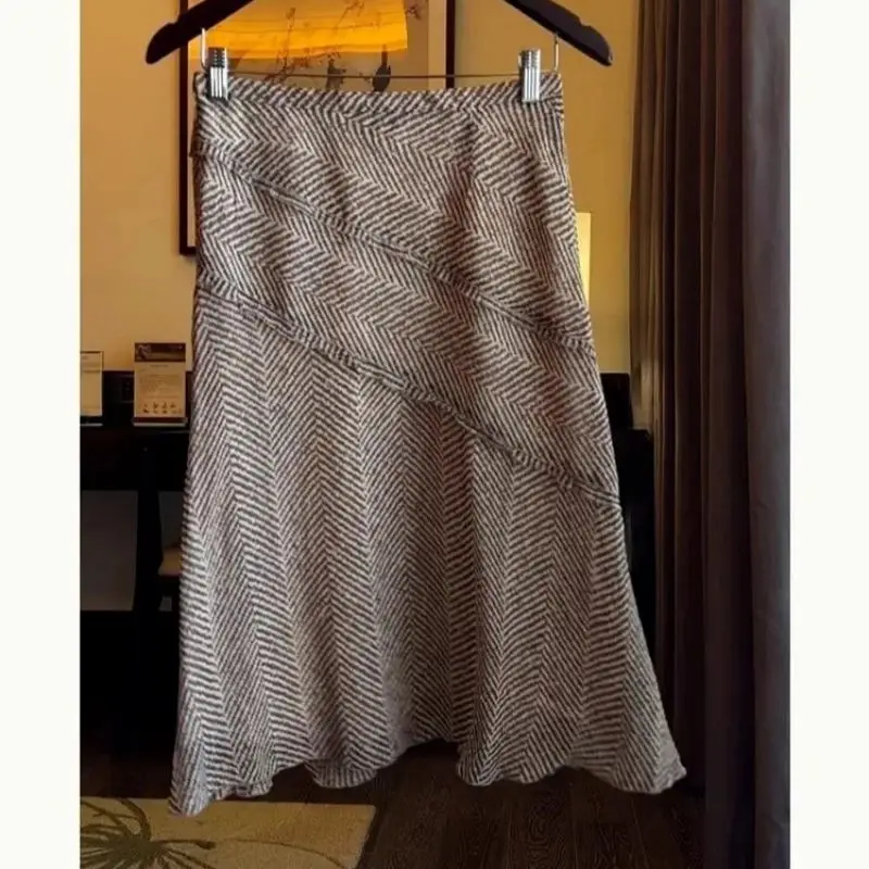 

New Fashion Ruffles Striped Skirt Women Autumn High Waist Casual High Waist Slim A-Line Elegant Skirts Office Lady Jupe