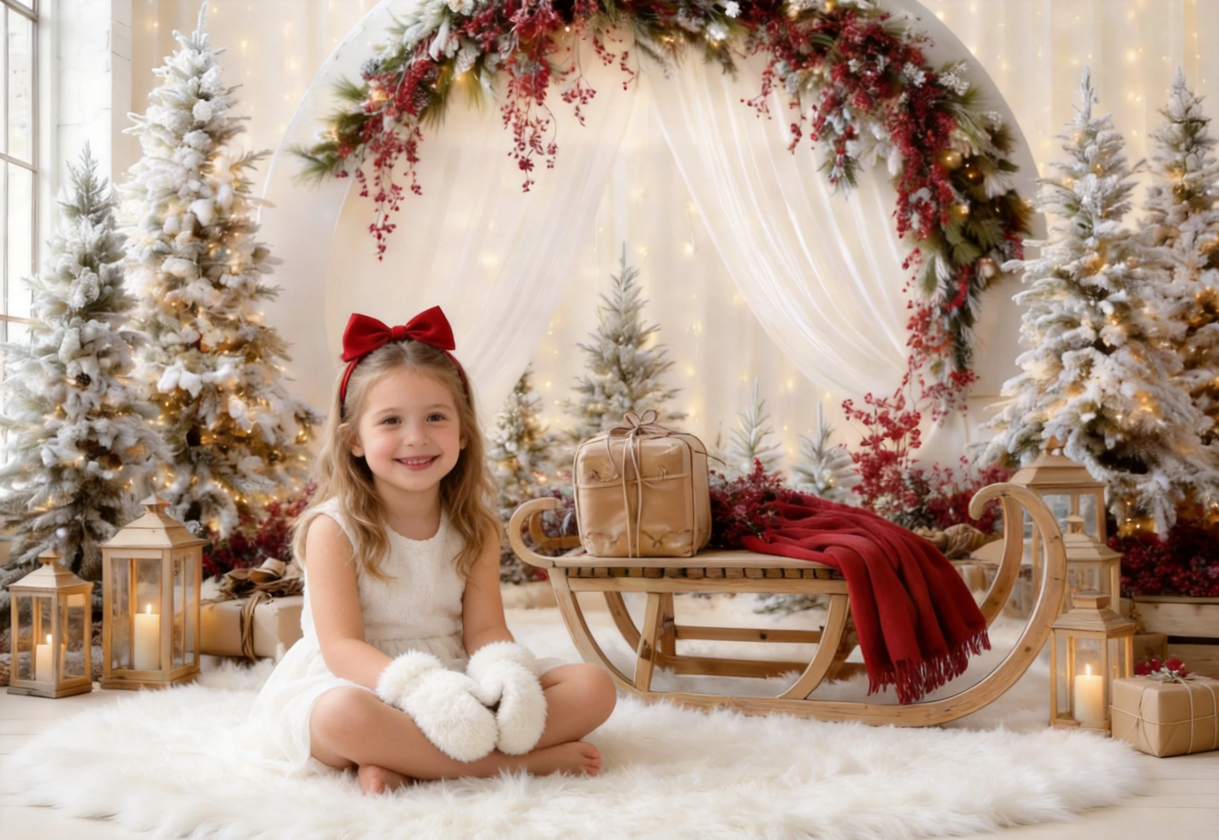 Vintage Warm Beige Christmas Arch Sleigh Bakery Window Tree Gift Newborn Kids Portrait Photography Backdrop