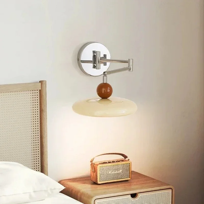Mid Century Swing Arm Wall Lamp Chrome Walnut Accent Adjustable Wall Sconce Bedroom Reading Decor Light