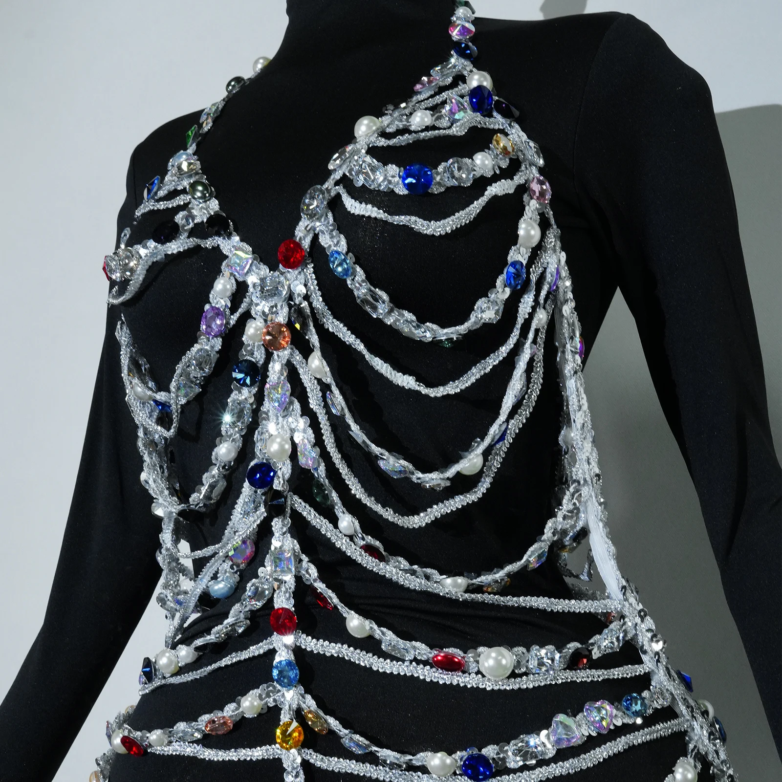 Sexy policromado corrente cristais oco vestido de festa moda clube modelo vestidos festa cantor palco ds dj dança roupas drag queen