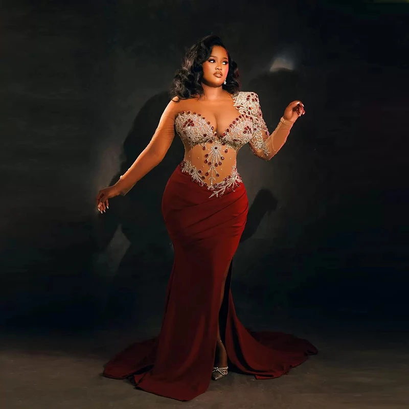 2026 Dark Red Mermaid Prom Dress with Sheer Long Sleeves Beaded See through Evening Gown Side Split Sweep Train for Formal Party