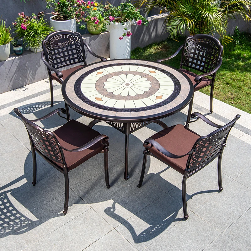 

*r for Cast Aluminum Outdoor Furniture All-weather Durable Garden Round Ceramic Tile Patio Coffee Table and Chair for 4 People&