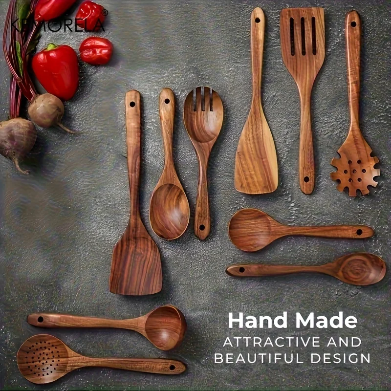 Teak Wood Kitchen Utensils Set Non‑stick Cooking Spatula Spoon Natural Wooden Cookware Kit for Kitchen Gadgets