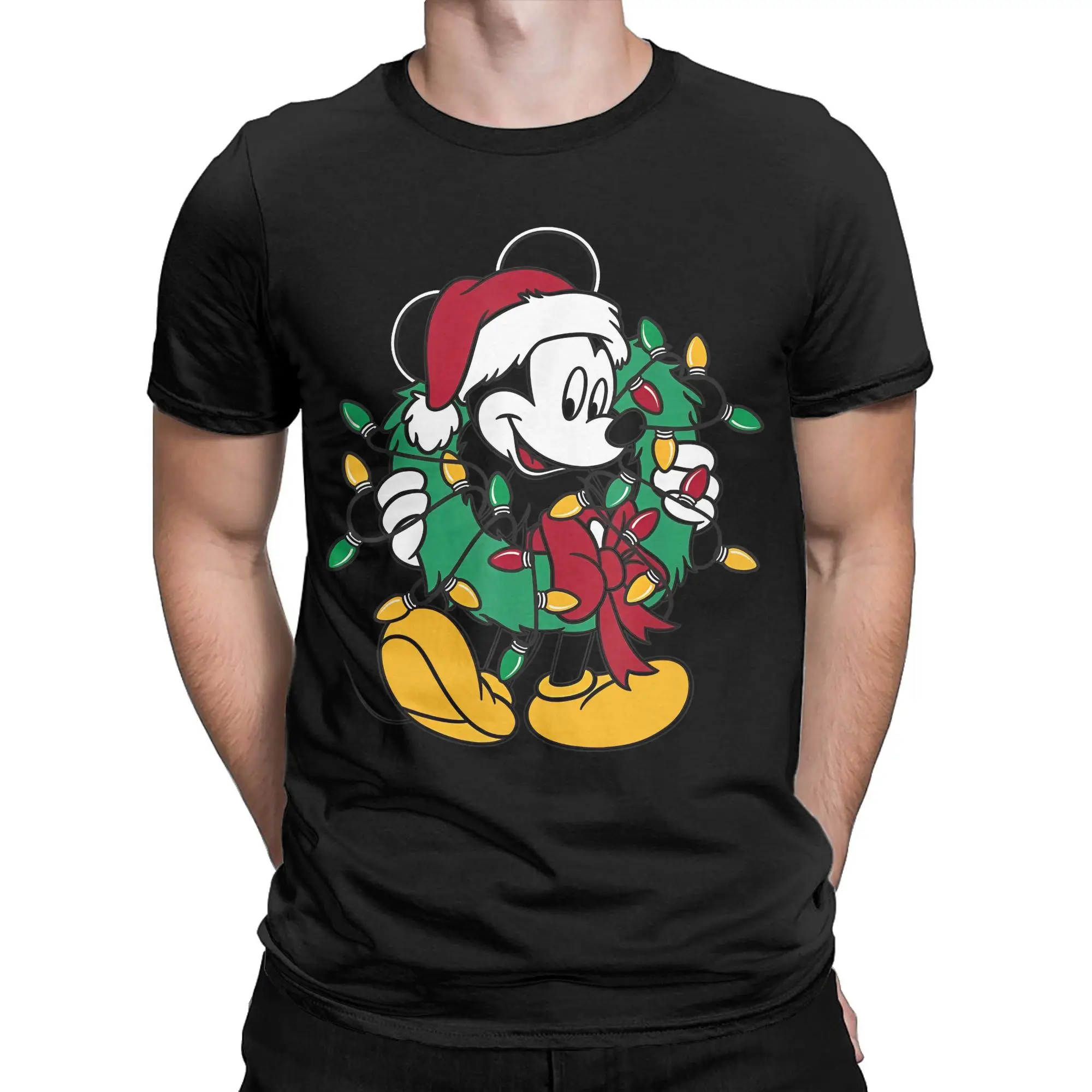 

Mickey Mouse Christmas Lights Men T Shirts Fashion Tee Shirt Short Sleeve Crewneck T-Shirts 100% Cotton Printed Clothes