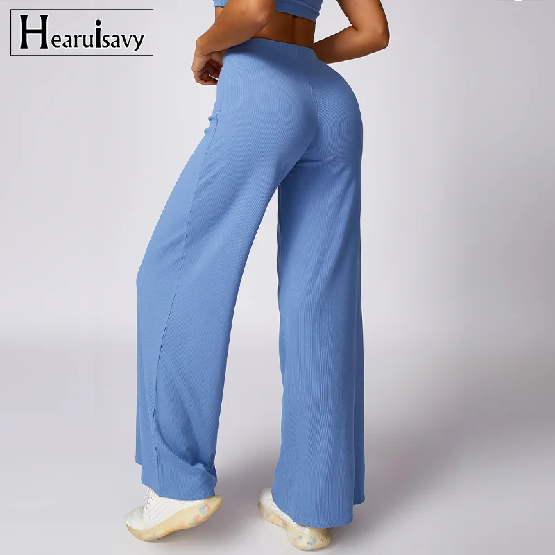 Hearuisavy Sports Wide-Leg Pants Soften Women Sweatpants High Waist Loose Straight Pants Ribbed Lady Casual Long Trousers