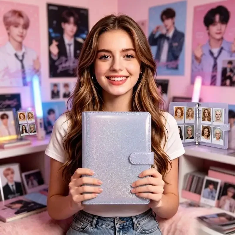 A5 Photocard Binder with 4 Pockets Sleeves Soft Leather Notebook 6 Ring Binder Loose Leaf Personal Organizer Photo Binder Book