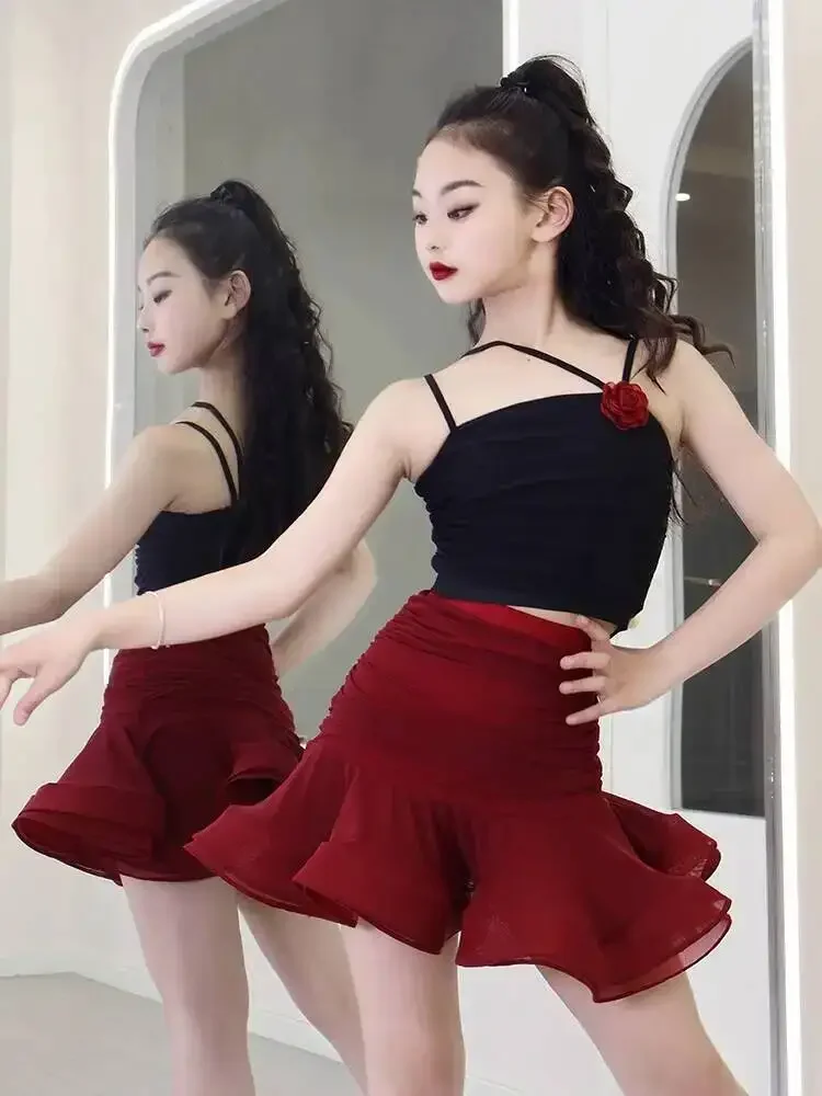 yesRed pearl ballroom latin dress girl american dance rumba cha cha samba tango costume competition practice wear kids Children