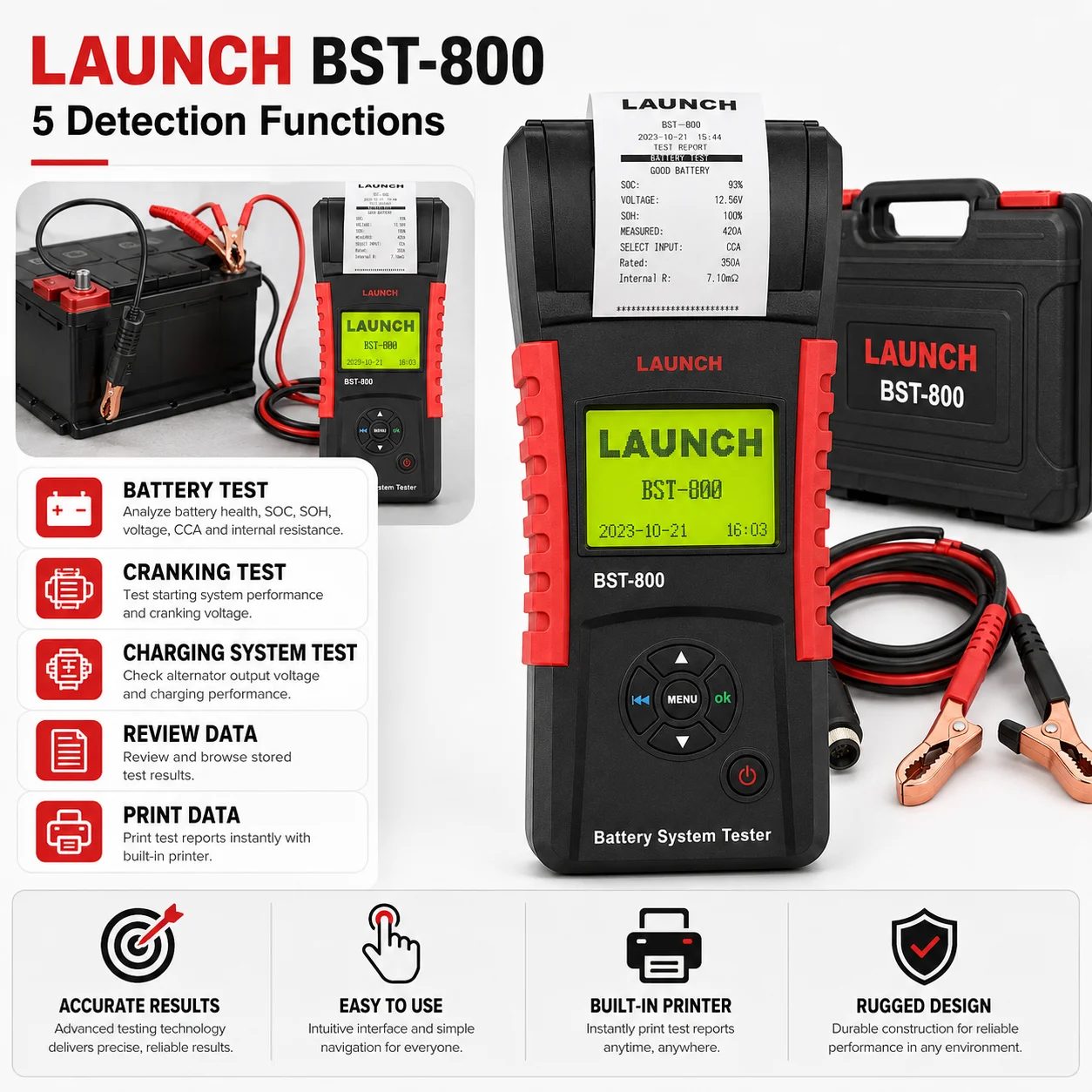 LAUNCH BST-800 Intelligent  Battery Tester 12V/24V with Printer Directly Measures Battery Loss Portable Automotive Testing Tool