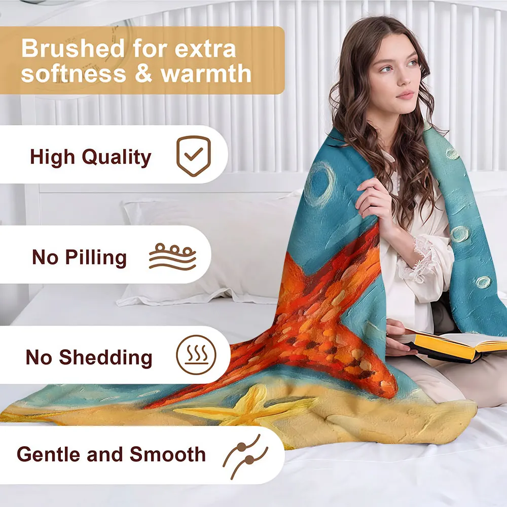 Beach Starfish Oil Paint Soft Warm Flannel Blanket Lightweight Cozy Christmas Halloween Home Decor Room
