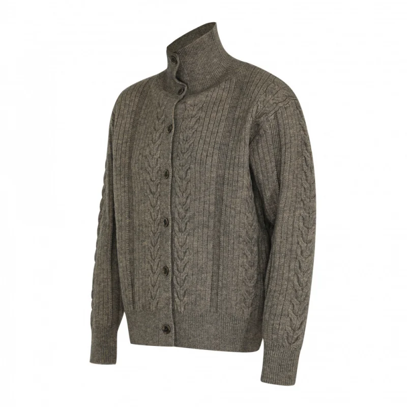 Men's Brown Cable Knit Cardigan, 2025 Autumn New Stand Collar Button-Down Warm Knitted Outerwear