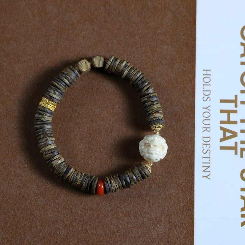 Natural green Qinan agarwood beads paired with mammoth ivory straight-cut single-loop beaded bracelet