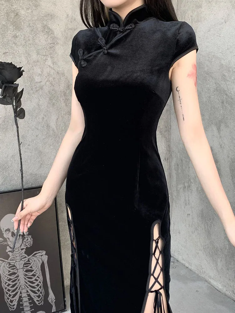 Romantic Gothic Sexy Velvet Premium Aesthetic Dress Vintage Chinese Cheongsam Women's Role Play Black Bandage Slit Dresses