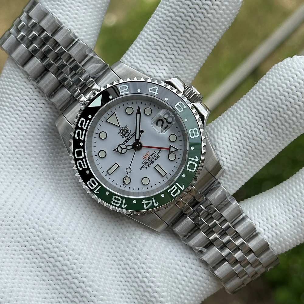 STEELDIVE Orologio GMT da uomo 40,5 mm Orologio da polso meccanico automatico Diver 30ATM Zaffiro luminoso NH34 Cola 120 clic Lunetta in ceramica