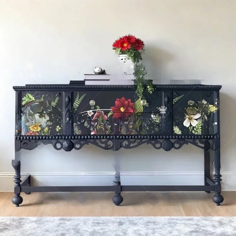 Retro solid wood carving flower porch cabinet, small apartment living room decorative cabinet household locker