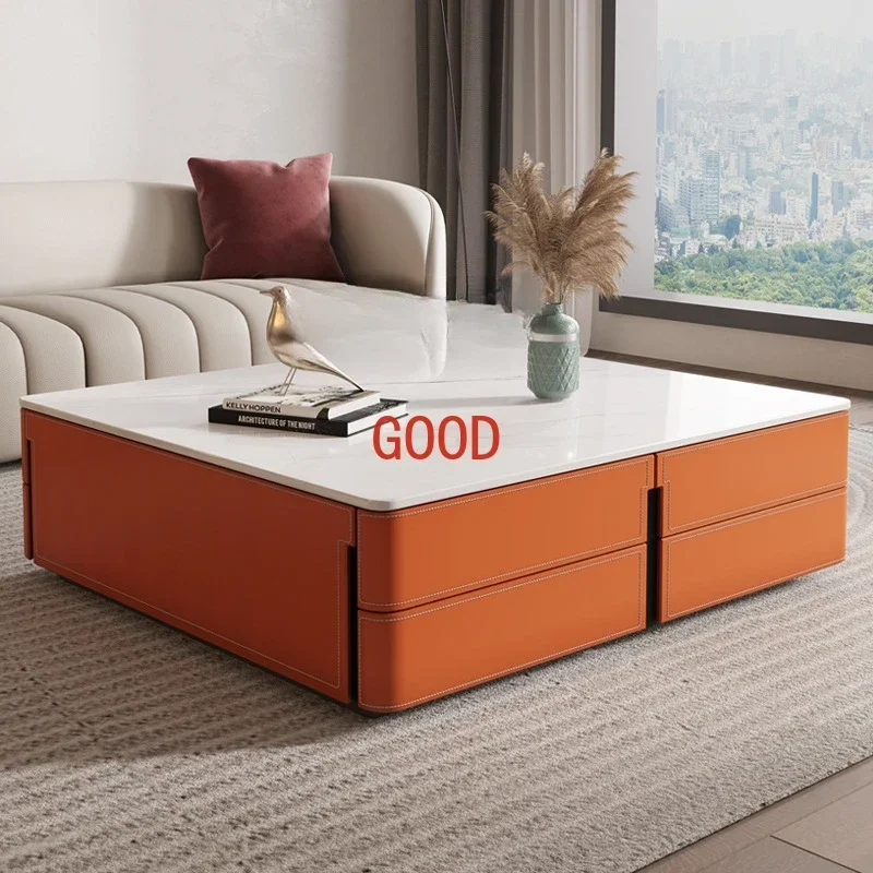 Xl Square Saddle Leather Tea Table Stone Plate Tea Table Square Large Tea Table Living Room Furniture