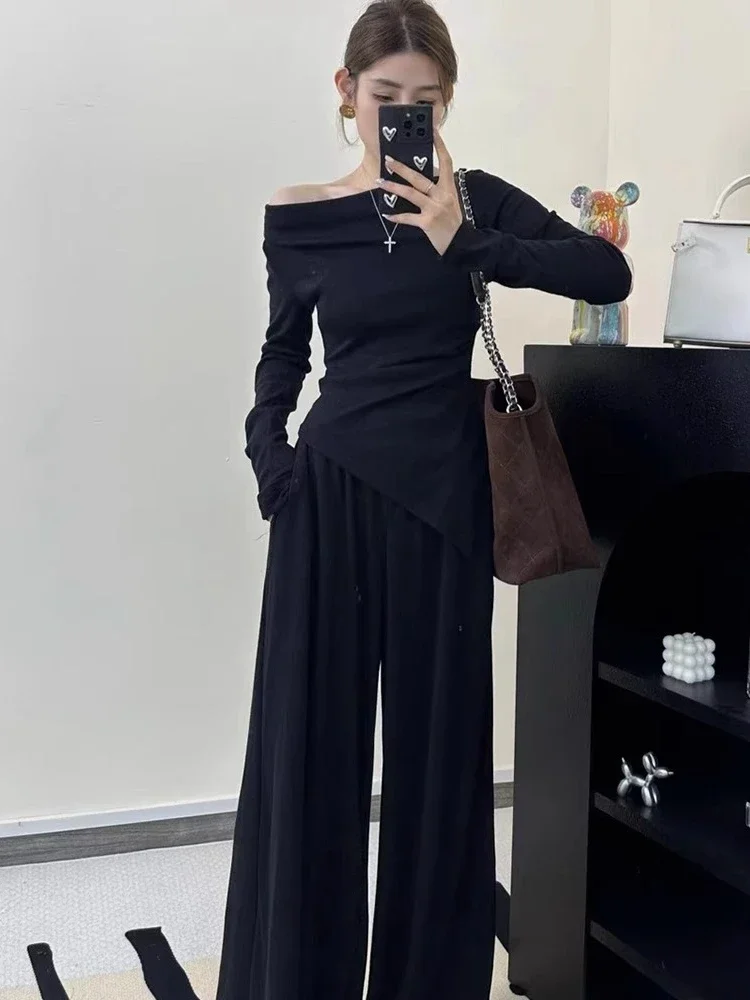 Asymmetrical T-shirts Women Korean Clothing Off Shoulder Slash Neck Long Sleeve Graceful Temperament   Leisure Simple