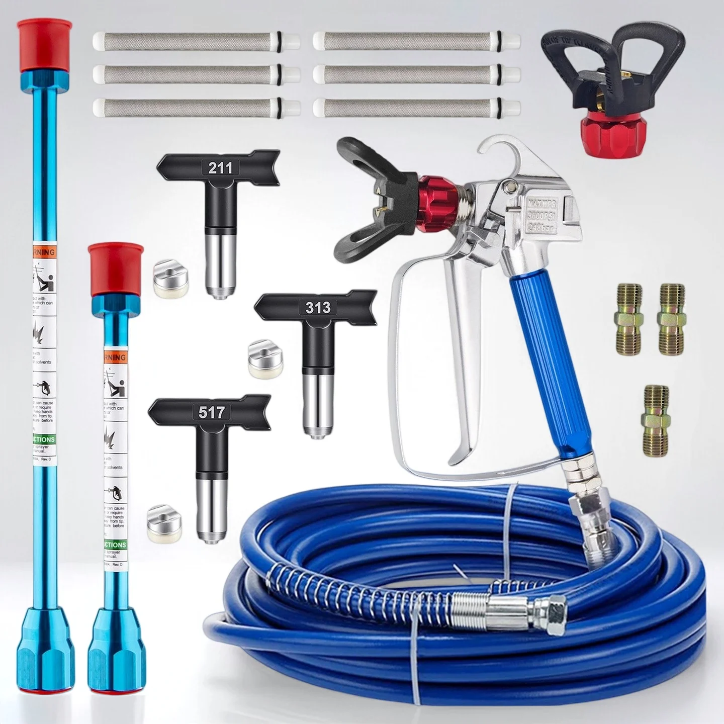 18-teiliges Airless-Farbspritzgerät-Set – 3600 PSI Spritzpistole, 32 Fuß Schlauch, Düsen (211, 313, 517) & Verlängerungen