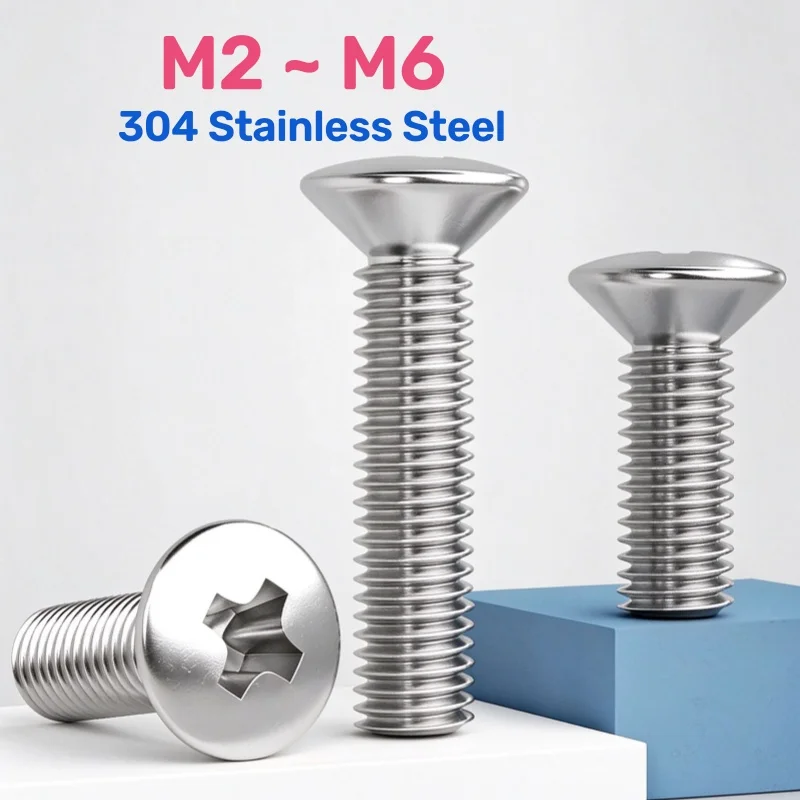 304 Stainless Steel Recessed Phillips Bolt M2 ~ M6 Cross Raised Countersunk Head Half Oval Screw Length 5~55 mm