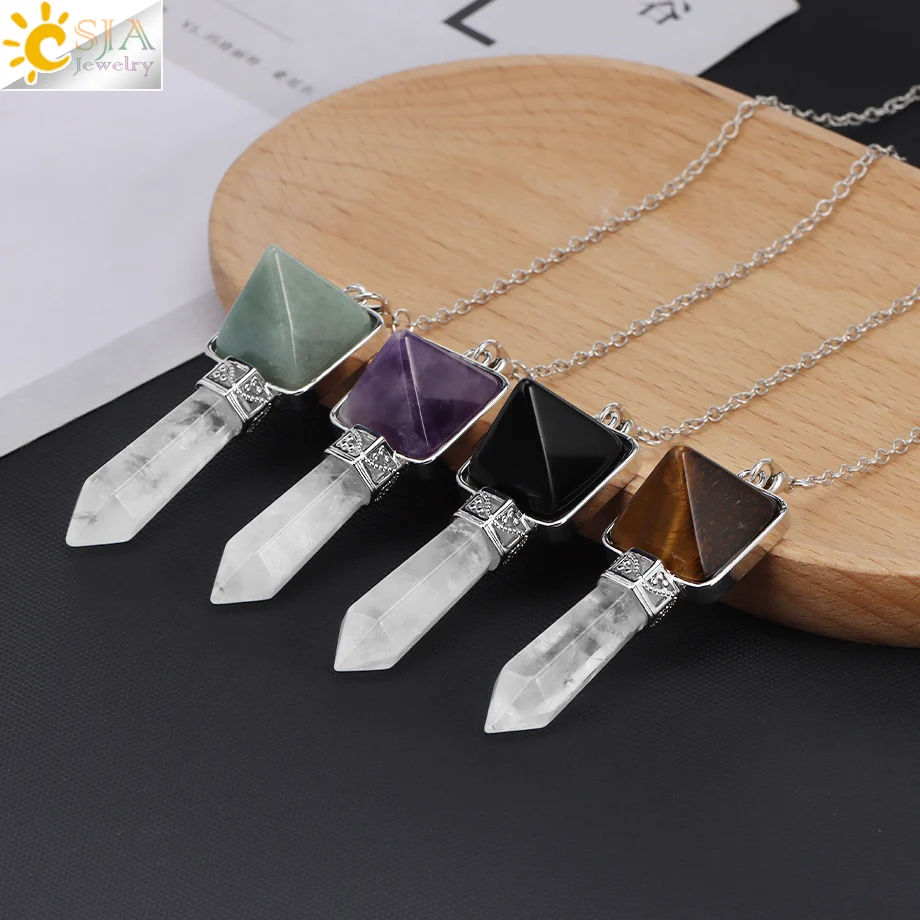 CSJA Spiritual Crystal Pendulum for Divination Dowsing Natural Stone Hexagonal Prism Pyramid Pendulos Pendulums Jewelry H357