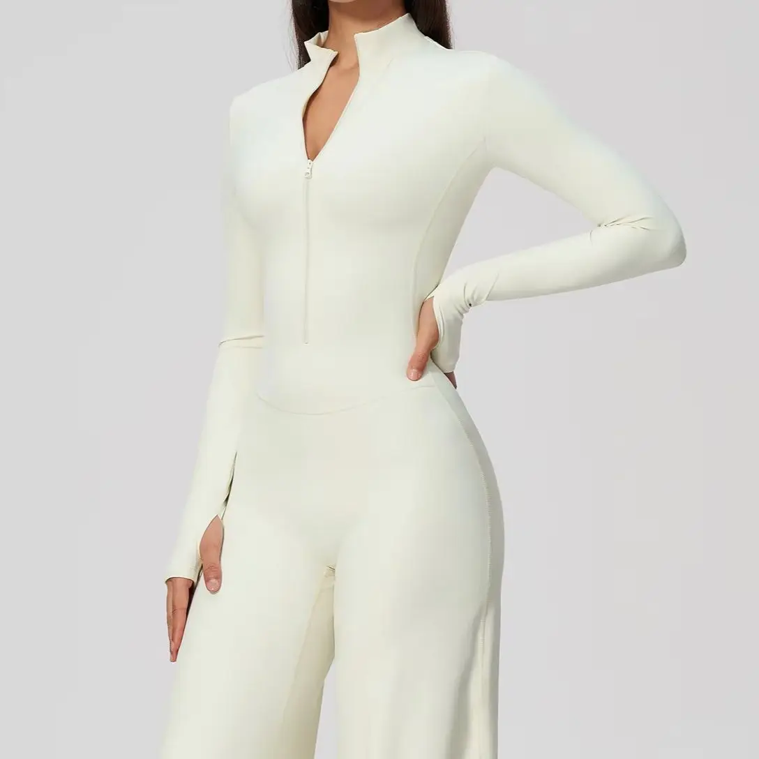 Zipper Jumpsuit Women's One-piece Long Sleeved Yoga Jumpsuit Plush Fitness Wide Leg Pants Jumpsuit Female Workout Gym Tracksuit