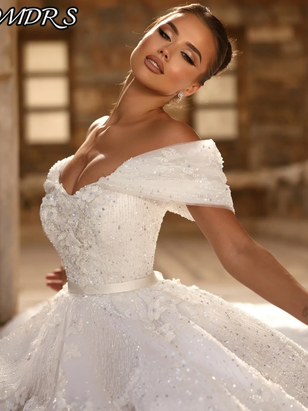 Charming Off-shoulder Bridal Gown 2026 Graceful Short Sleeve Wedding Dress Elegant Beaded Sequin Floor-Length Gown Customized