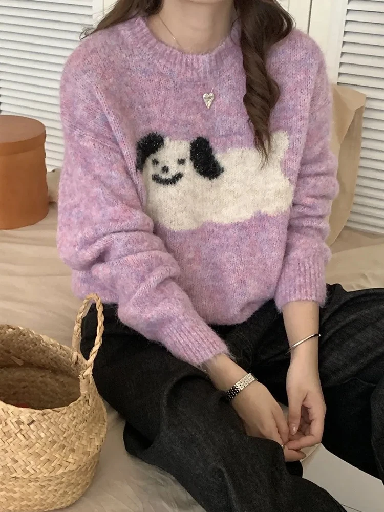 Zoki Cute Dog Print Sweaters Women Lazy Wind Long Sleeve Knitted Pullovers Japan O Neck Loose Female Kawaii Preppy Style Jumpers