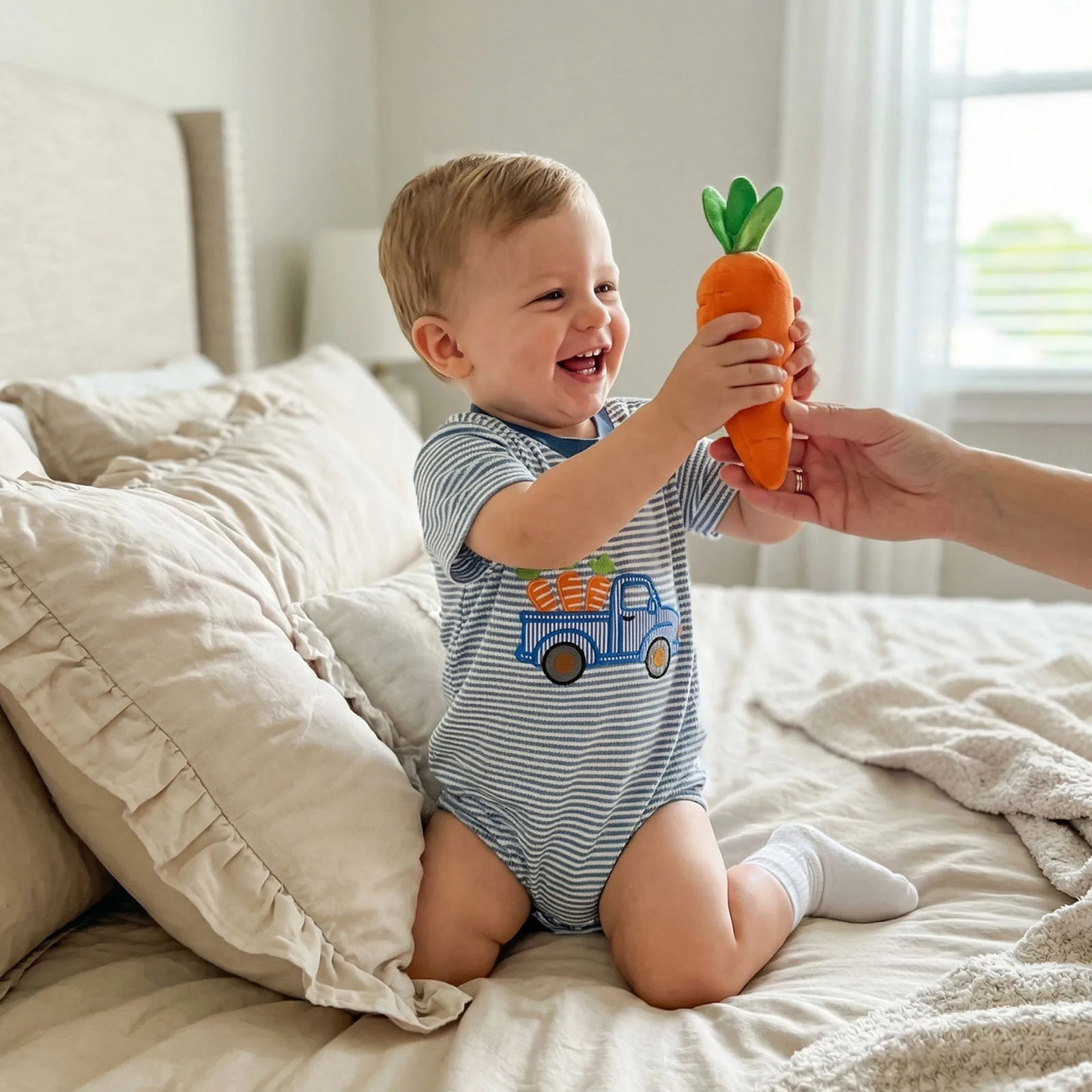 

Baby Boy Romper Short Sleeve Round Neck Carrot Truck Embroidery Striped Bodysuit Newborn Playsuit