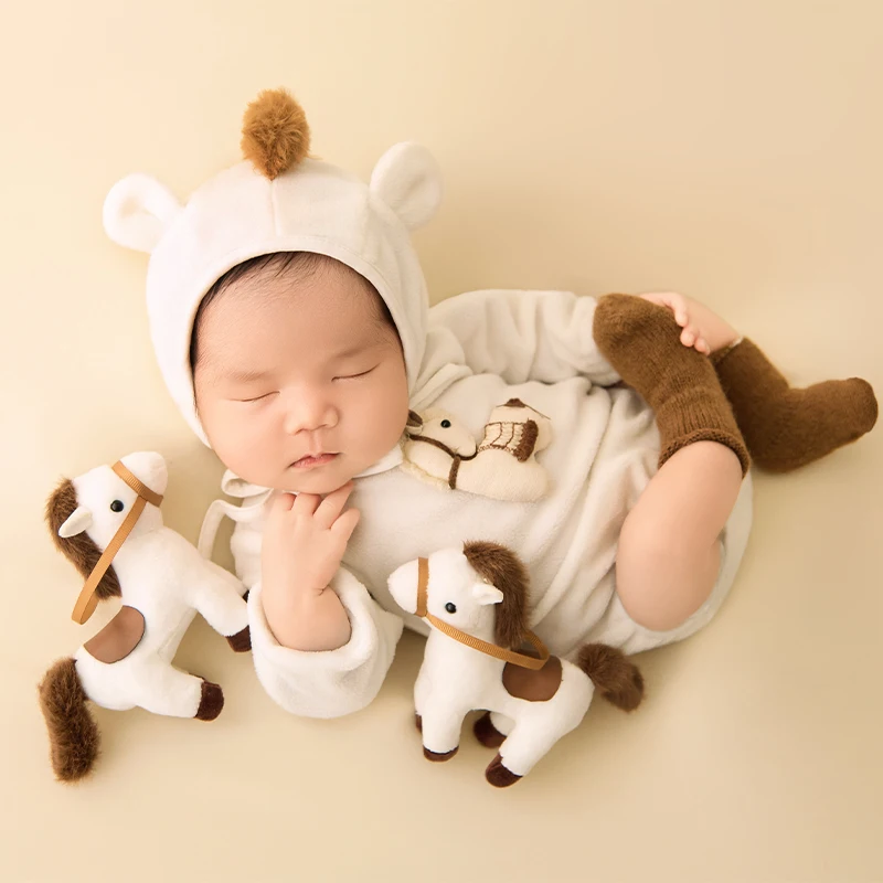 2026 Animal Theme Newborn Photography Outfit Baby Soft Skin-Friendly Romper and Hat, Pony Plush Toy Professional Photo Props