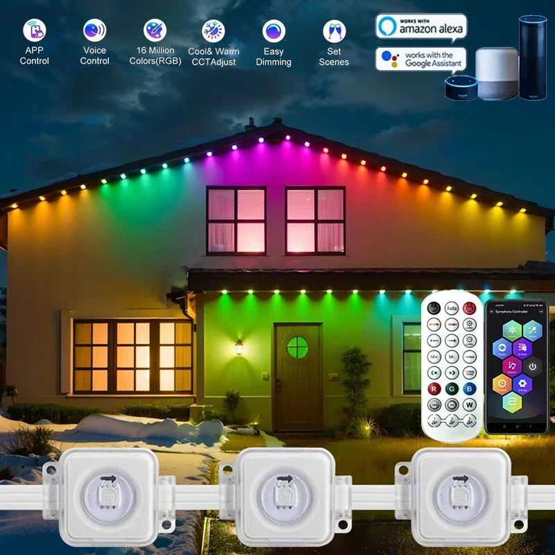 Smart WIFI RGBIC Eaves Lights Permanent Outdoor LED Light App Remote Voice Control DIY Music Sync Timer Waterproof Party Decor