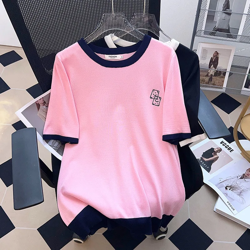 

170Kg Plus Size Women's Bust 160 Summer Loose Ice Silk Knitted Top Short Sleeved Contrasting T-Shirt 4XL 5XL 6XL 7XL 8XL 9XL