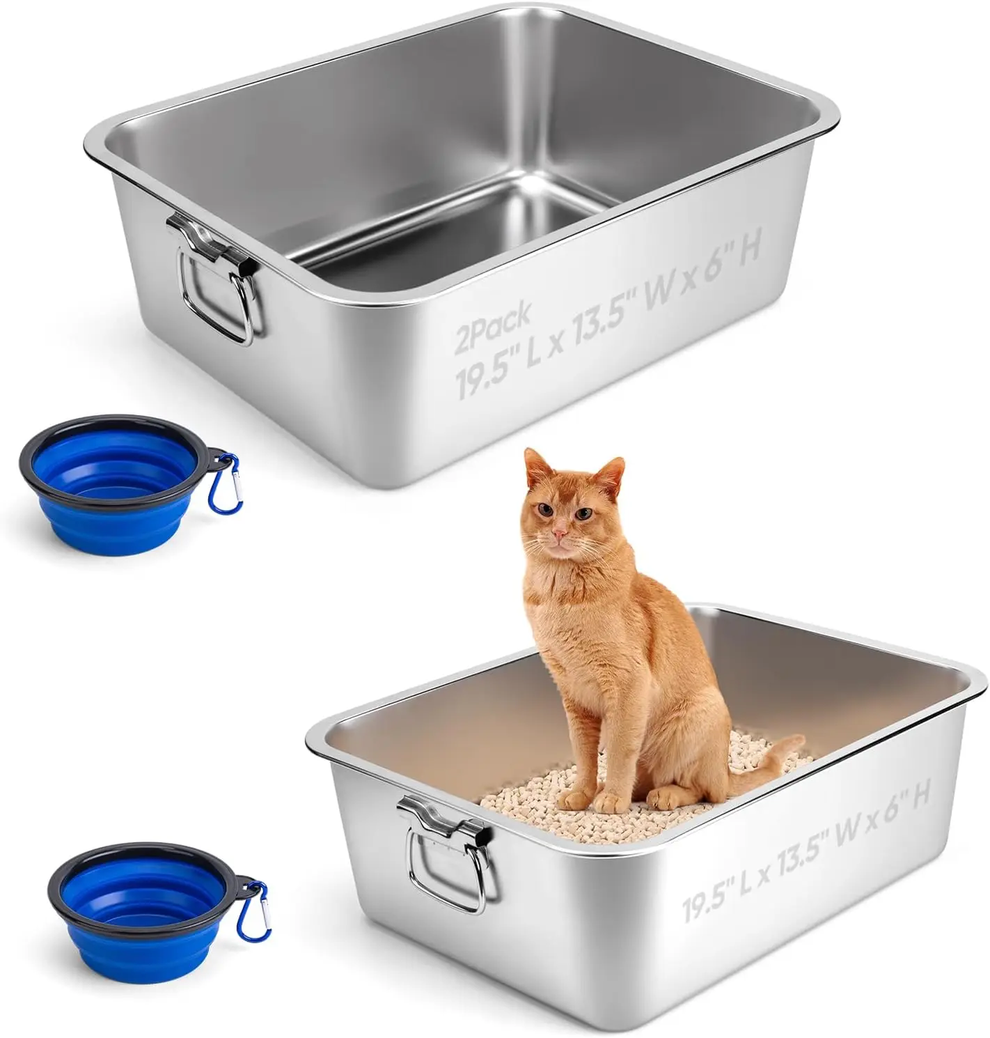 

2 Pack Stainless Steel Litter Box with Handle for Cat and Rabbit, 19.5' L x 13.5' W x 6' H, Odor Control Litter Pan, Fold