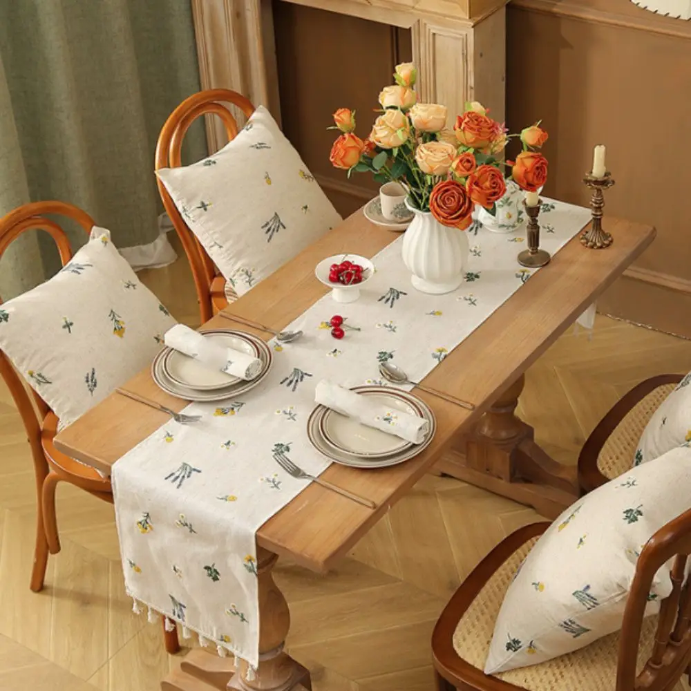 Rustic Style Linen Embroidery Table Runner Flower/Cactus Pattern Long Strip Table Cloth Decorative with Tassel Table Linen Daily