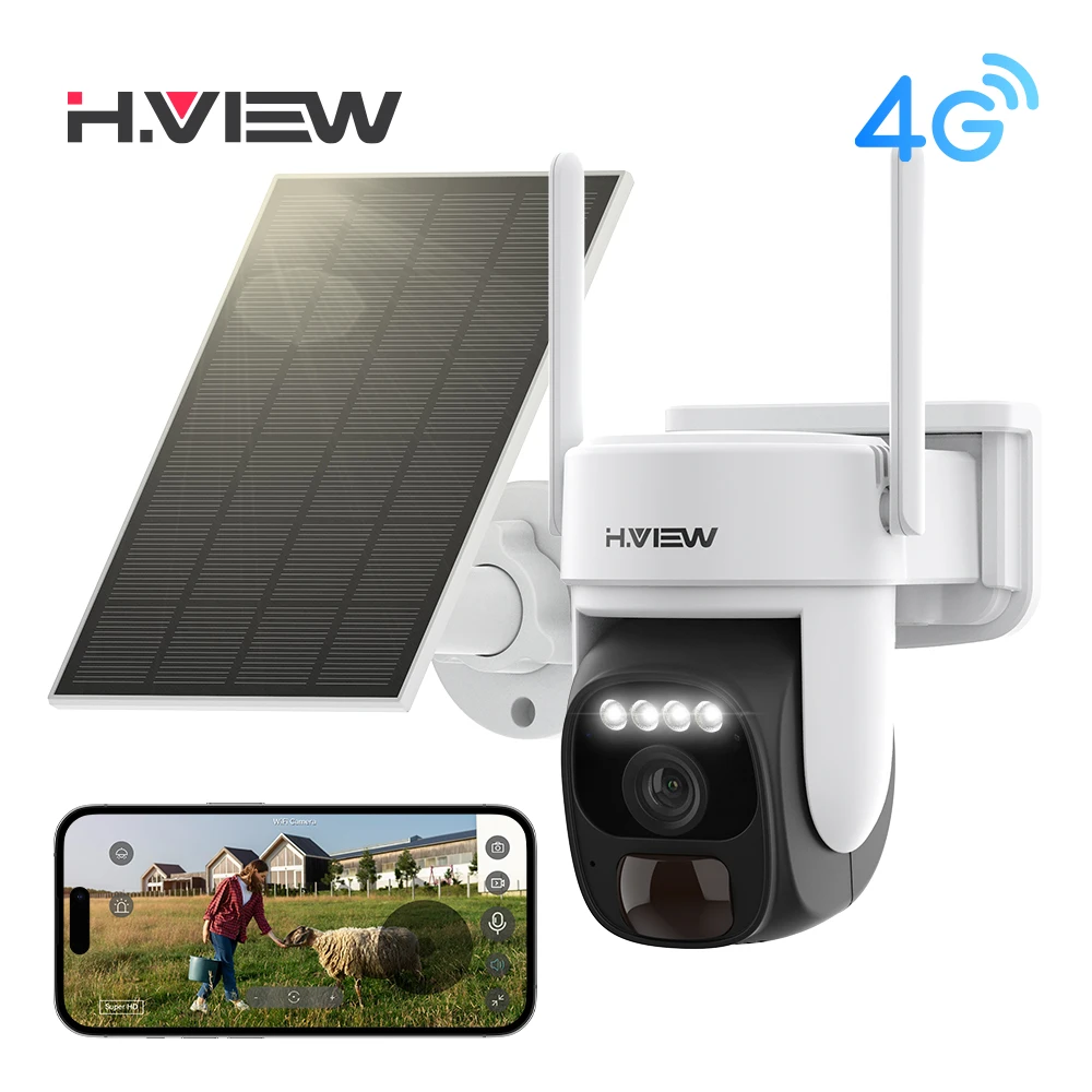 H.view 4G Sicherheitskamera 3Mp Solarbetrieben 8000mAh Akku Außenüberwachung PIR Menschenerkennung Audio mit Integriertem ESIM