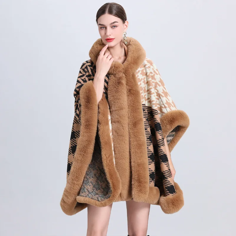 New Winter Thick Warm Cappa Faux Woolen Fur Long Collar Outstreet Poncho Cloak Print Houndstooth Women Loose Shawl Coat With Hat