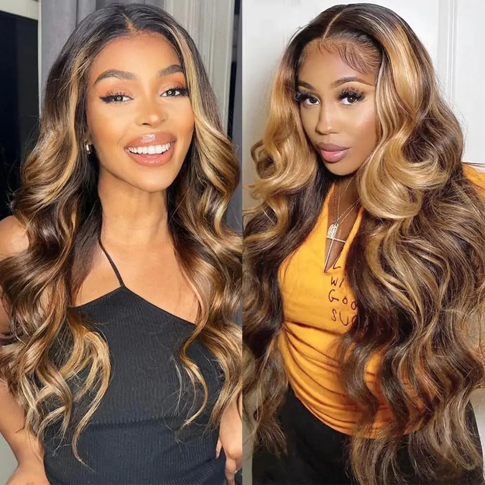 4/27 Highlight 13x4 Colored Lace Front Wigs Ombre Blonde Body Wave Human Hair Wig 13x6 HD Transparent Lace Frontal Wig