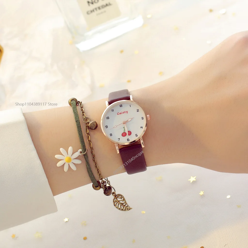 Часы для девочек, красивые детские часы в стиле принцессы, студенческие кожаные кварцевые часы, милые наручные часы с вишней, Reloj Mujer