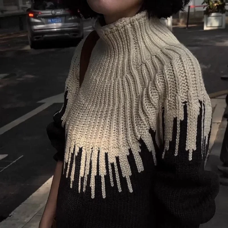 

Осенний новый высококачественный вязаный свитер контрастного цвета, женский модный свободный пуловер, повседневная одежда с высоким воротником и длинными рукавами Y2k