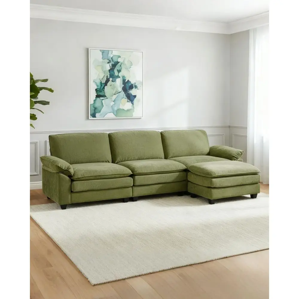 

Green 3-Seat Deep Seating Sofa with Ottoman for Living Room, Sleeper Sofa, Comfortable Chenille Upholstery