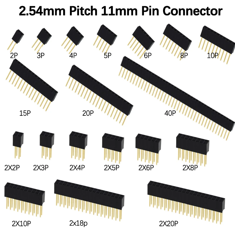 10PCS 2.54mm Pitch Straight Pin Header Male Connector 1x6/1x8/1x10/1x15/1x20/1x40 2x6/2x8/2x10/2x20 Single/Double Row PC