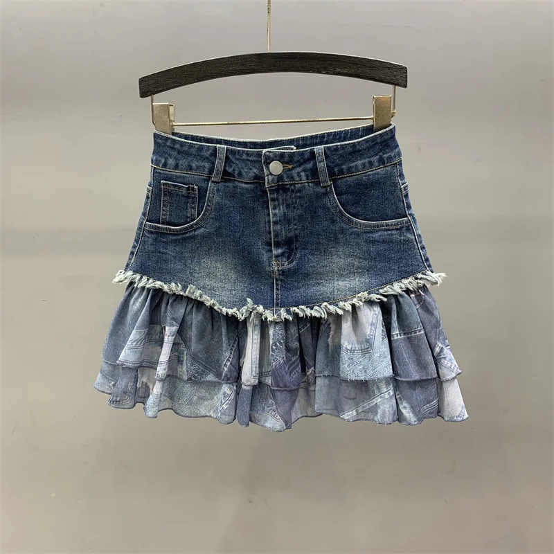 [Zoci] hoch taillierte Mesh gespleißt Denim kurzen Rock Frauen Sommer, modisches stilvolles Design, Mädchen a-Linie