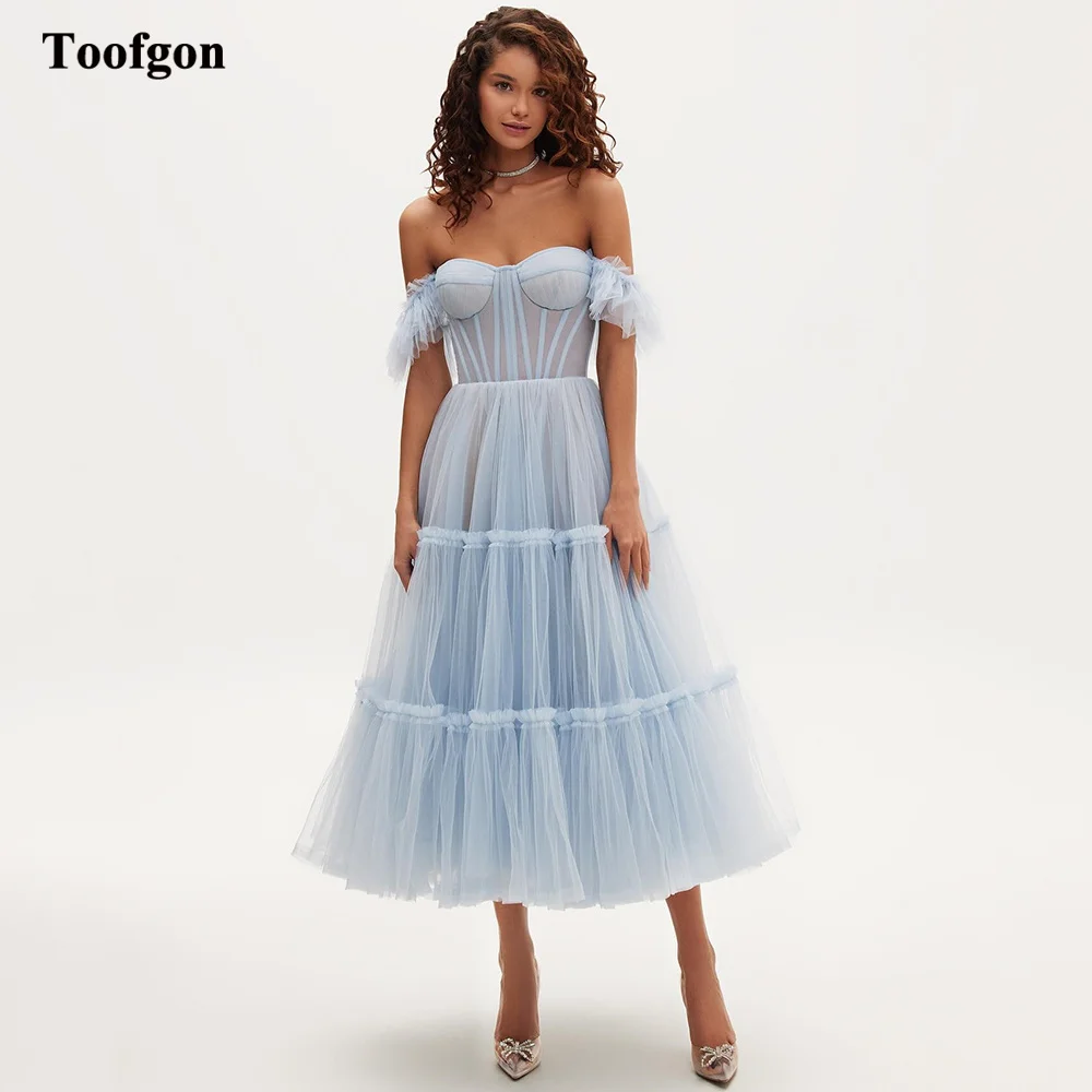 Toofgon céu azul tule midi vestidos de baile para mulheres espartilho roupas especiais festa formal vestidos de baile vestido de noite personalizado