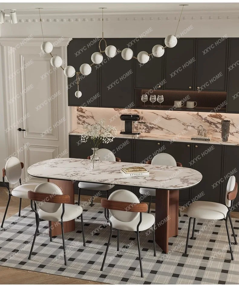 Retro Wabi-sabi Wind Solid Wood Walnut Travertine Rock Slab Home Dining Table