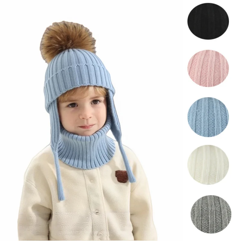 2 pcs set New Children's Autumn Winter Raccoon Fur Ball Knitted Hat Scarf Warm Ear Protection Hats and neck warmer for kids
