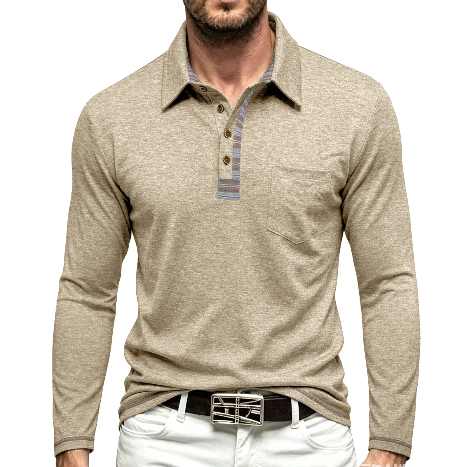 2026 men's clothing buttons lapel collar long-sleeved POLO shirt cross-border casual fit basic men's tops long henry shirts